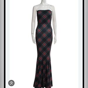 Norma Kamali Strapless Plaid Dress in Black and Red